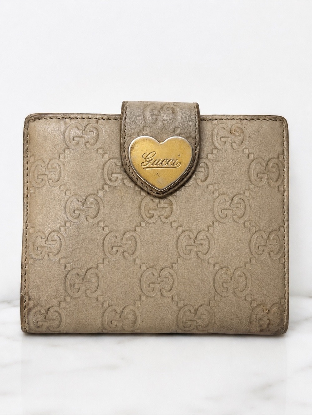 Gucci Beige Embossed Leather Wallet with Gold Heart Logo
